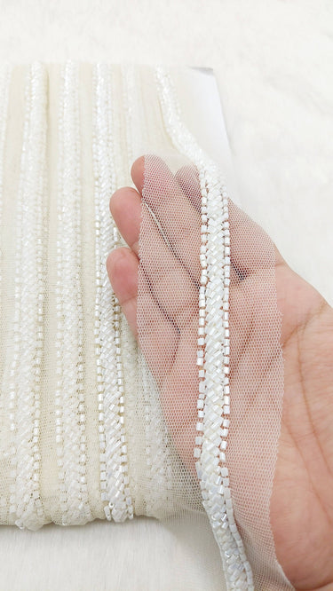 Net Lace In Beaded Embroidery, Hand Embroidered Bead Lace, Beaded Wedding Lace